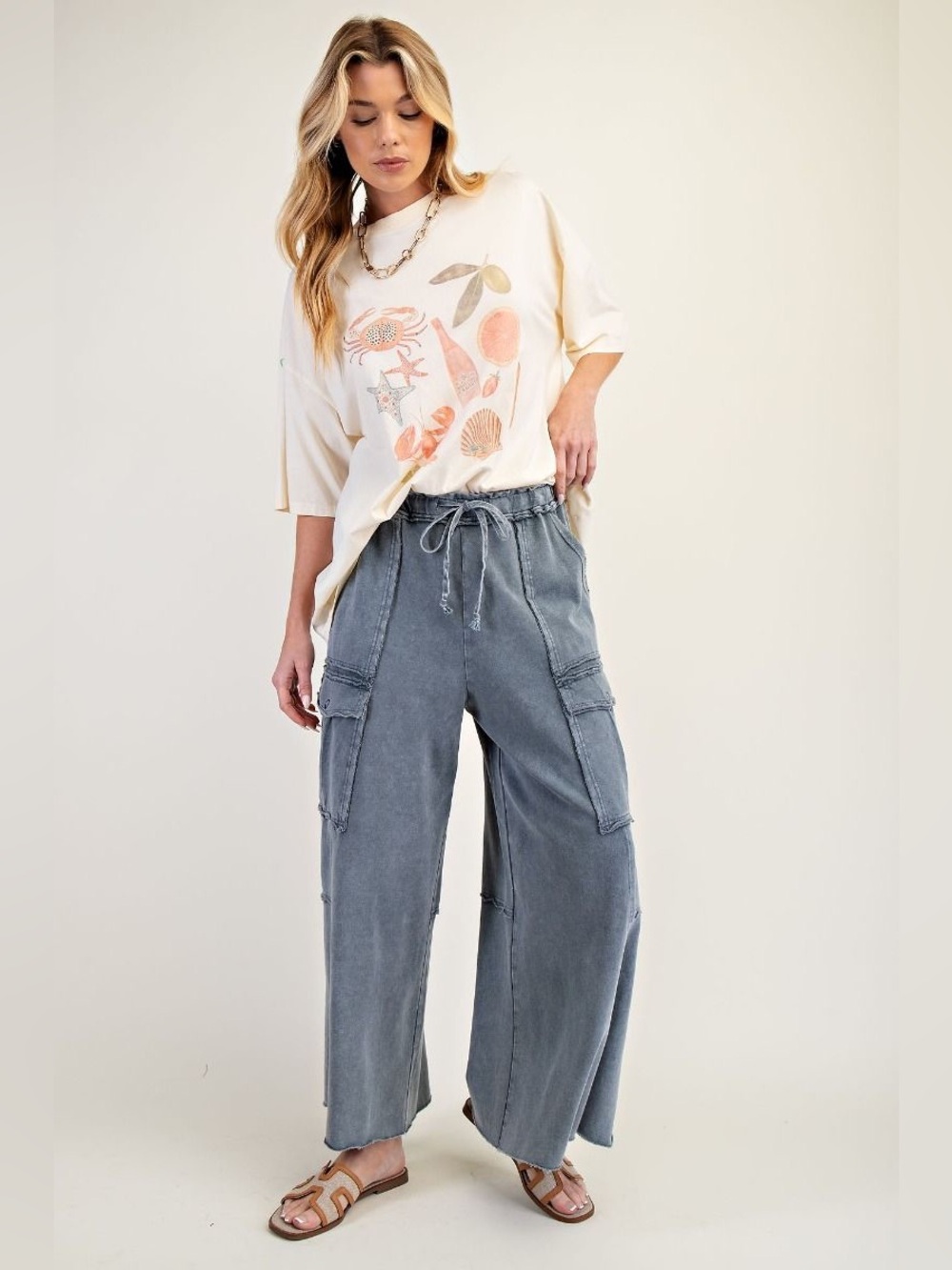 Easel Netflix and Chill Mineral Washed Wide Leg Cargo Pants Faded Navy eb40795 - Picture 2 of 4